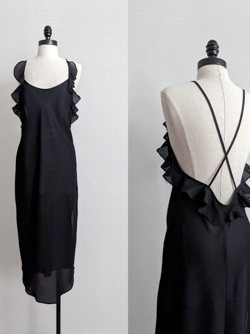 90s Vtg Black Chiffon Ruffle Bias Cut Strappy Halter Backless Slip Nightgown